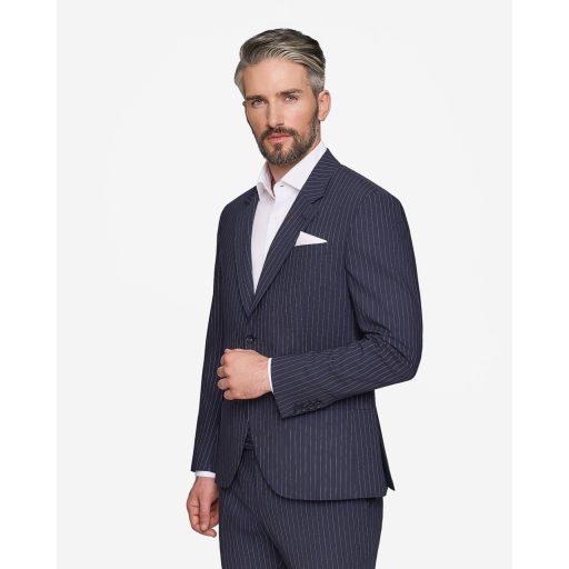 Costum bleumarin dungi wool stretch