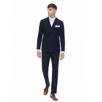 costum barbati bleumarin cu dungi albe pinstripe