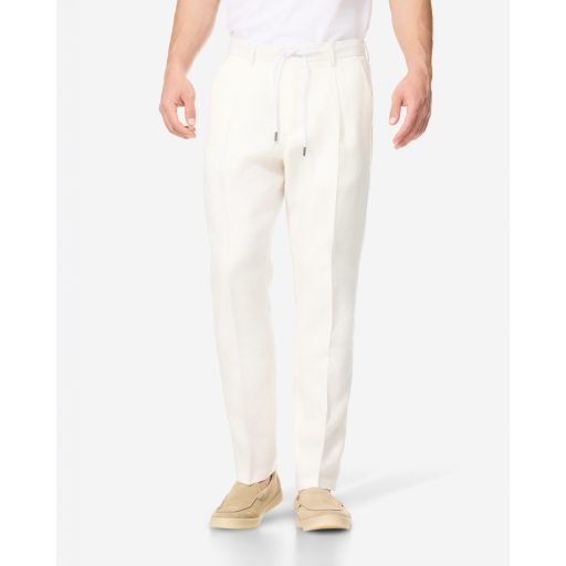 Pantaloni albi  din in cu elastic si snur in talie