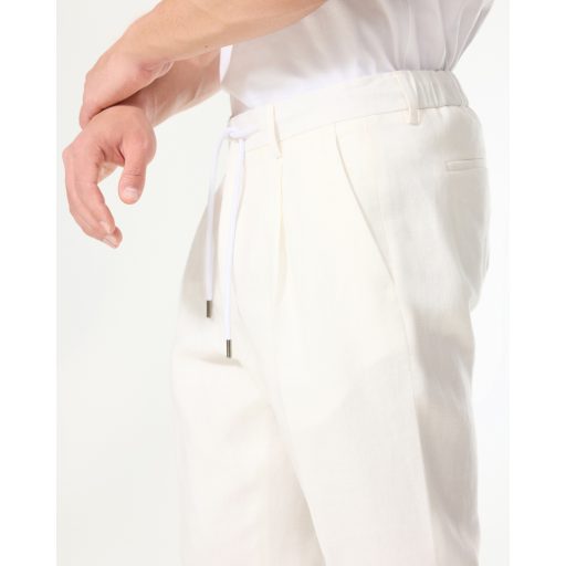 Pantaloni albi  din in cu elastic si snur in talie